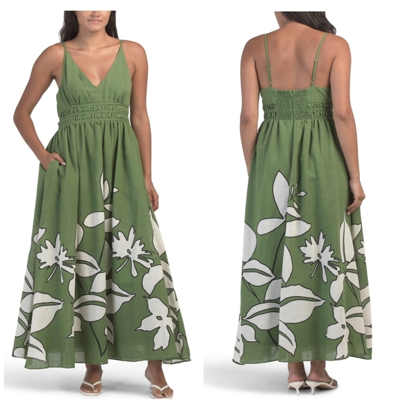 🔹️Taylor 🔹️Floral Maxi  Floral Pattern Smocked Waist Dress in Green and White - Picture 1 of 3